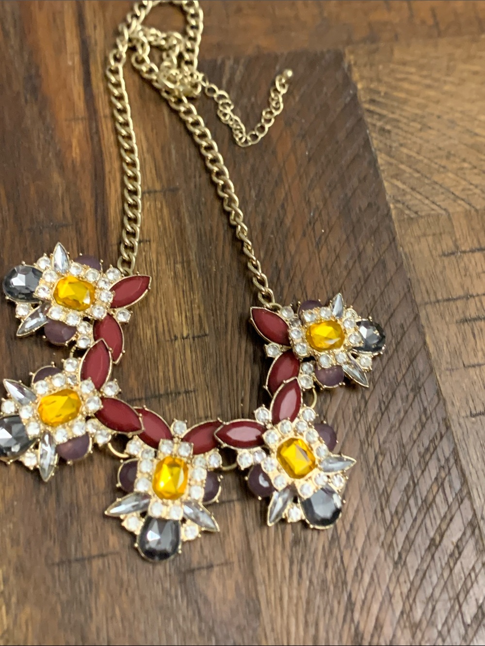NWOT Macy's Gold-Tone Floral Statement Necklace with Yellow and Burgundy Accents